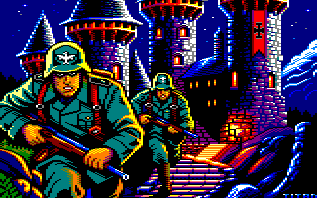 Original Castle CPCStein loading artwork: guards in front of a blue stone castle