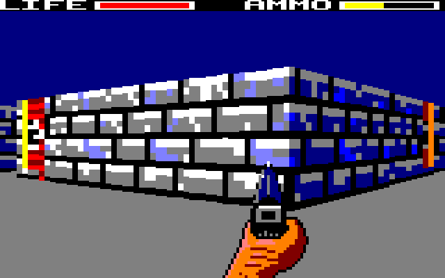 CPCStein game view: blue stone corridor with pistol and health and ammunition HUD